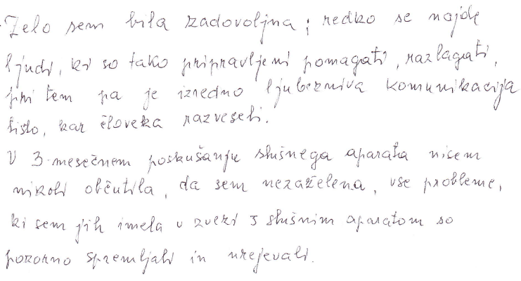 2015-01-08 Izjava zadovoljne stranke na delo slusnega akustika v AUDIO BM slusnem centru